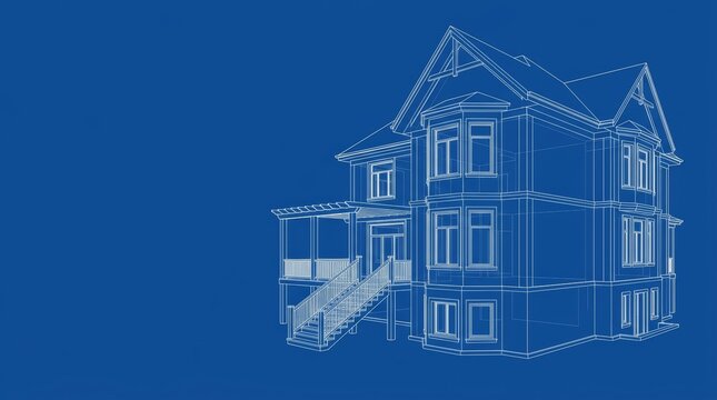 Blue architectural blueprint of a Victorian style house with 3D wireframe rendering, porch, and staircase. Construction and home design