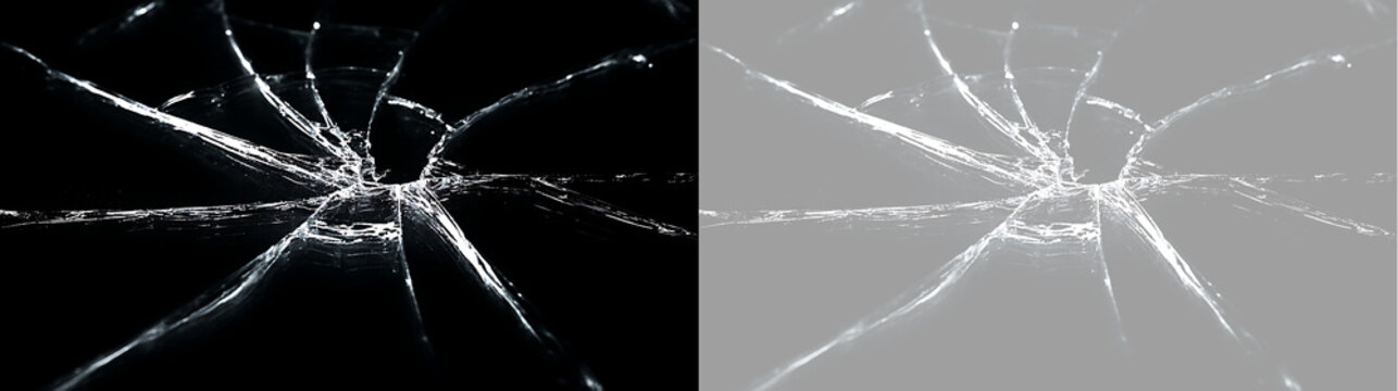 Bullet hole impact in broken glass with radial cracks. Shattered window texture on transparent background. Damage overlay element