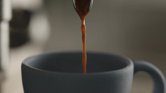 Slow motion closeup shot of espresso poured into blue cup with professional coffee machine
