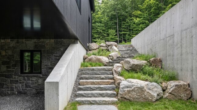Modern house exterior with natural stone steps, boulders, and board-formed concrete retaining wall surrounded by forest landscaping. Contemporary architecture and outdoor design 