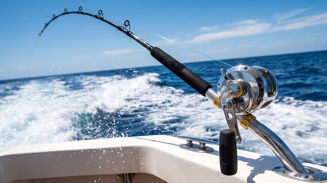 Fishing Rod and Reel Mounted on Boat Deck with Ocean Wake in Background &ndash; Deep Sea Sport Fishing Gear, Wooden Charter Boat, Blue Water Adventure Concept