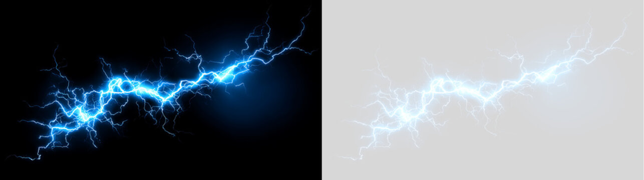 Horizontal blue lightning strike with electric tendrils. Dynamic electrical energy spark visual effect on transparent background