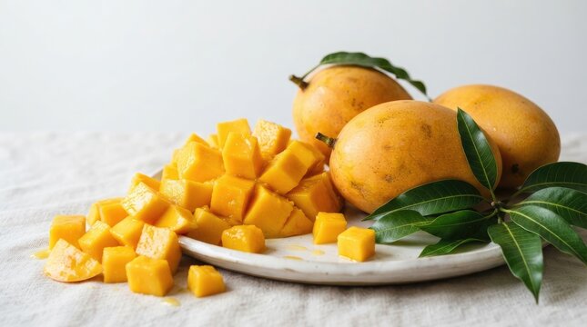 Fresh whole mangoes and diced mango cubes on a white plate with green leaves