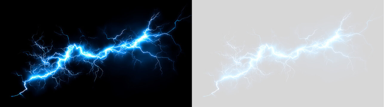 Intense blue electric lightning blast and energy spark. Glowing plasma discharge effect on transparent and black background