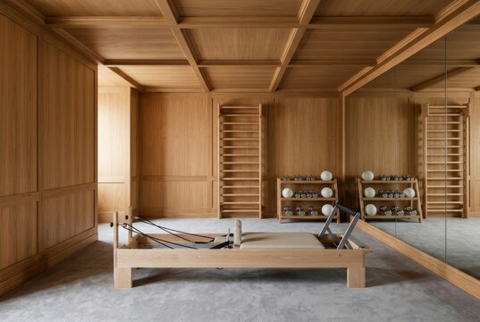 Luxury wood-paneled home gym with pilates reformer, wall ladder bars, and dumbbell storage rack. Private wellness studio interior design