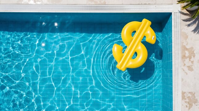 Yellow Dollar Sign Float in Blue Swimming Pool - Luxury Lifestyle, Wealth, Financial Freedom and Summer Vacation Concept
