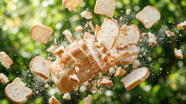 Close up of fresh bread slices flying through the air against a green background