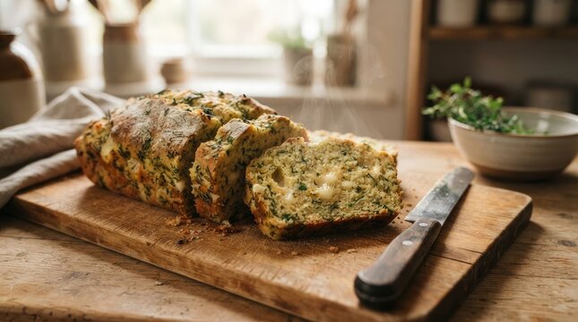 Freshly baked homemade zucchini bread sliced on a rustic wooden cutting board in kitchen