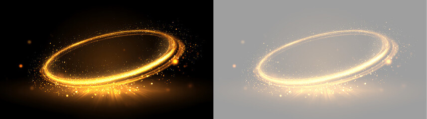 Golden magic light ring with rising sparkles. Luminous swirling halo effect isolated on black and transparent background © Антон Миргородський