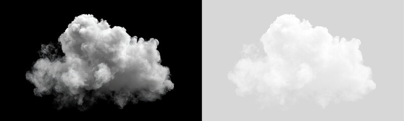 Naklejka premium Dense white storm cloud isolated on transparent and black background. Realistic cumulus smoke element cutout for weather and sky effects