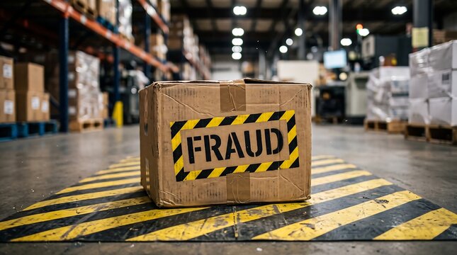 Suspicious cardboard parcel with black and yellow fraud caution label on warehouse concrete floor represents distribution risk and counterfeit trade.