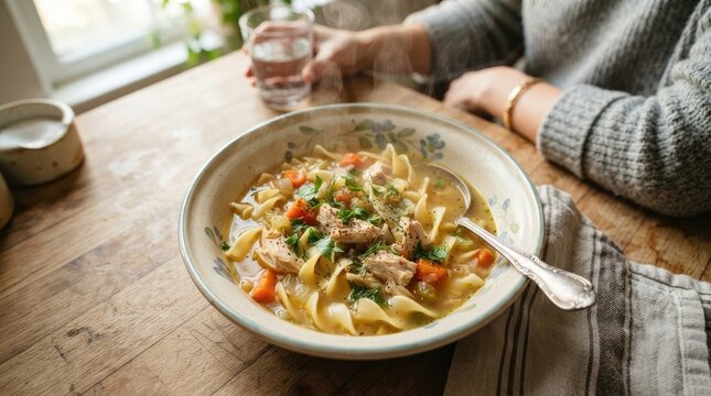 A person sitting at a rustic wooden table enjoying a bowl of homemade chicken soup
