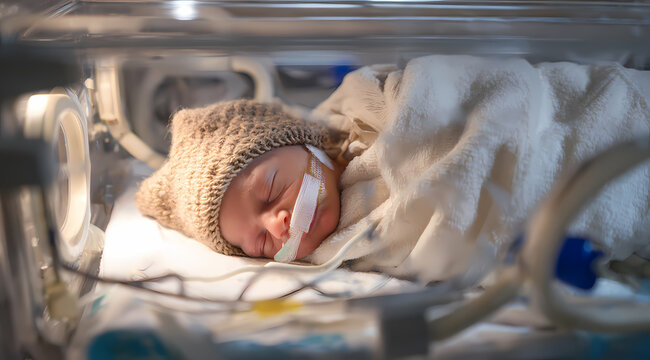 Beb&eacute; Prematuro Reci&eacute;n Nacido Durmiendo en Incubadora de Hospital para Art&iacute;culos M&eacute;dicos, Campa&ntilde;as de Salud y Cuidado Neonatal