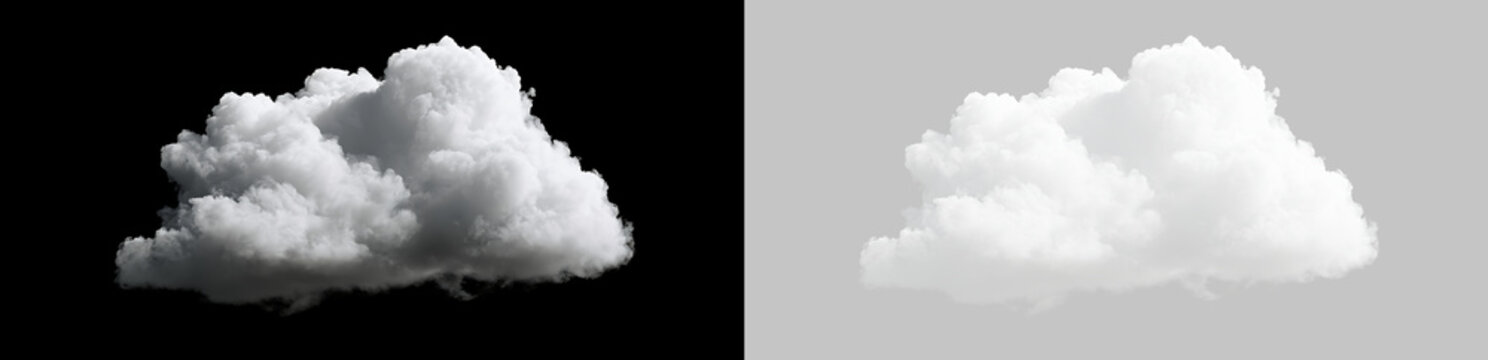 Fluffy white cloud isolated on transparent and black background. Realistic cumulus cloud cutout for graphic design and compositing. Atmosphere weather element