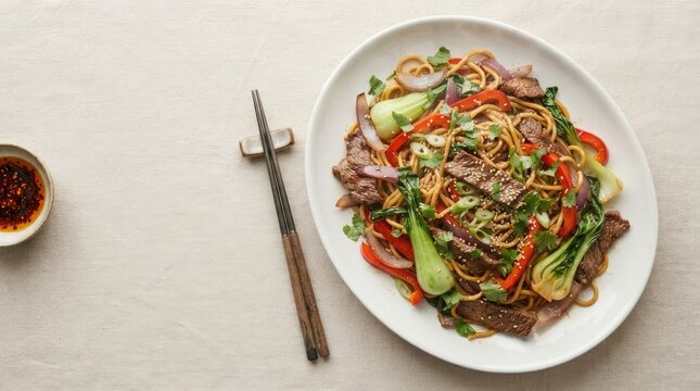 Stir fried noodles with fresh vegetables and bok choy served on a white oval plate