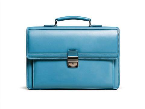 Blue briefcase isolated white background business bag leather case office accessory professional bag rectangular case handle top metal clasp office equipment blue color travel bag document holder