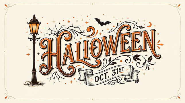 Vintage style hand drawn halloween typography design with a street lamp and flying bats illustration