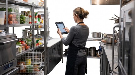 Fototapeta premium Small independent restaurant owner checking food inventory on a tablet in a professional kitchen