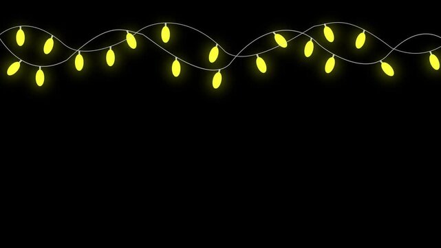 Christmas light bulb frame with colorful glowing garland, flashing, seamless loop animation for holiday celebration, new year and party videos. Twinkling festive lights on black background. 4K