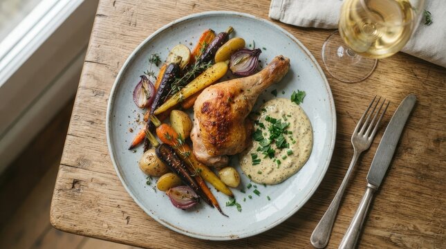 Roasted chicken leg served with colorful heirloom carrots and creamy risotto on a rustic wooden table background