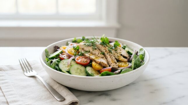A fresh and healthy salad with grilled chicken breast slices served in a white ceramic bowl on a table