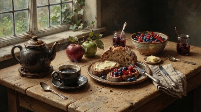 A rustic breakfast scene featuring a teapot a cup of coffee and fresh berries on a wooden table