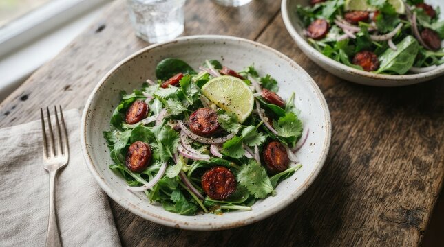 Fresh green salad with strawberries and nuts served in ceramic bowls on a rustic wooden table background