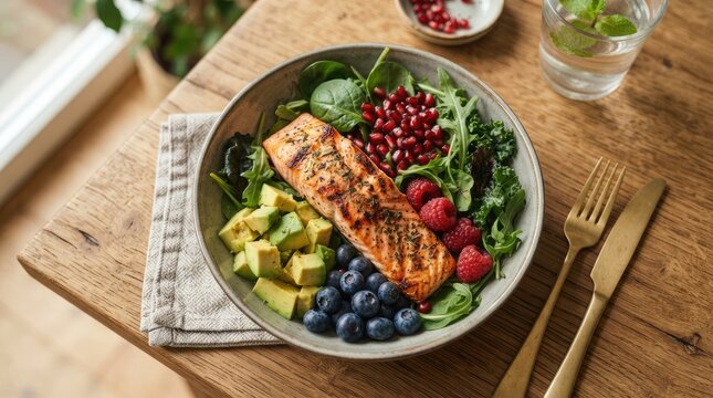 Healthy grilled salmon salad bowl with fresh avocado blueberries pomegranate seeds and mixed greens on a rustic wooden table