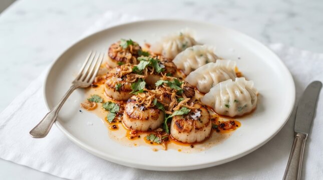 A gourmet plate of pan seared scallops served with a savory herb garnish and steamed dumplings on a white background