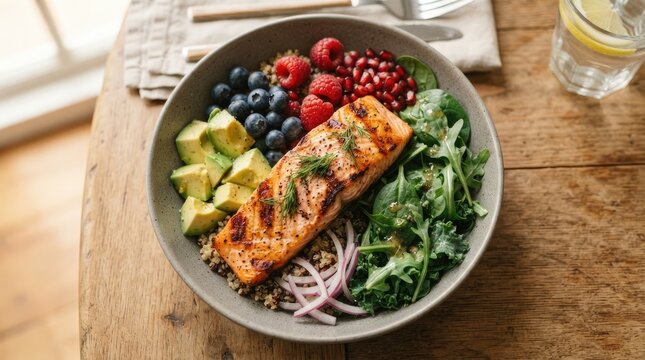 A healthy salmon poke bowl with fresh avocado blueberries raspberries pomegranate seeds and green leafy vegetables on wooden table