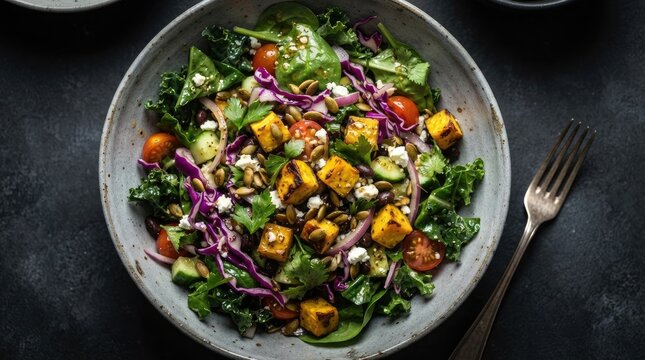 A vibrant healthy salad featuring roasted pumpkin cubes red cabbage greens and feta cheese in a rustic ceramic bowl