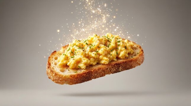 A delicious piece of toasted bread topped with scrambled eggs floating in the air with seasoning falling down