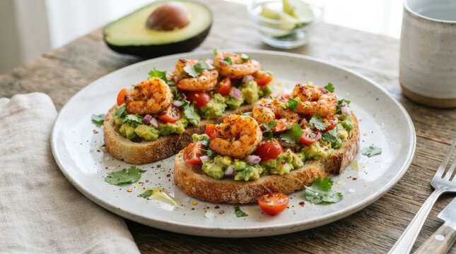 Delicious toasted sourdough bread topped with smashed avocado and seasoned grilled shrimp served on a rustic ceramic plate