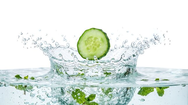 Fresh green cucumber slice splashing into clear water with liquid crown and drops, cold refreshing vegetable splash isolated on white background