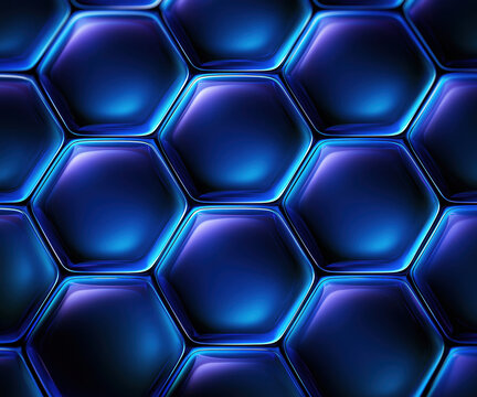 Abstract blue hexagon glass texture with glowing neon light and dark geometric pattern background