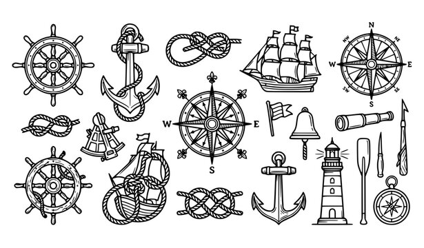 Ship helm anchor compass and nautical symbols linear vector icon set
