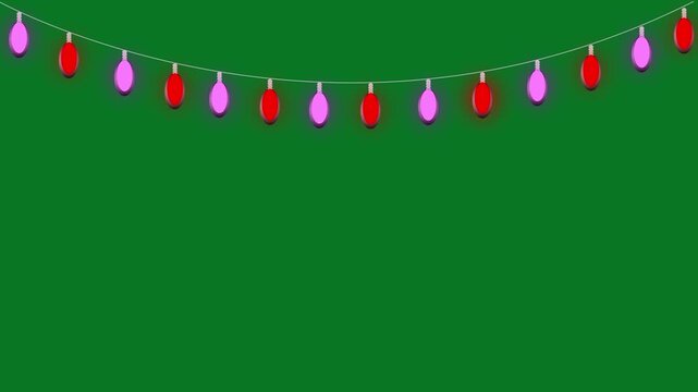 Colorful christmas bulb lights arranged as a festive frame, glowing garland with flashing and twinkling illumination, seamless loop animation on green screen background for holiday celebrations. 4K