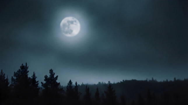 Full moon shining over a dark forest at night background