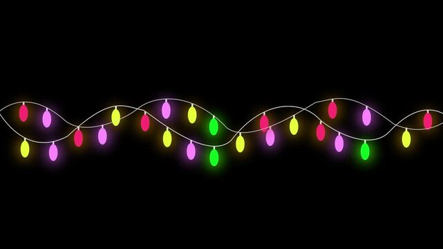 Festive colorful christmas lights forming an elegant bulb garland frame, bright flashing and twinkling sequence with seamless looping motion on black screen background for christmas greetings. 4K