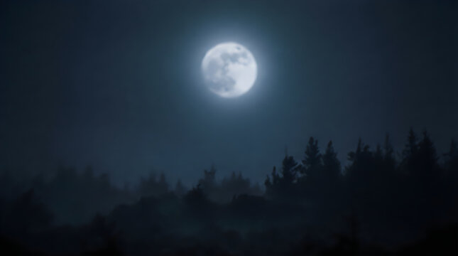 Full moon shining brightly over dark forest trees at night background
