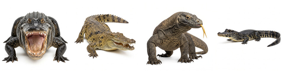 Obraz premium Reptiles set isolated on white background featuring an alligator with open mouth, Nile crocodile, Komodo dragon, and caiman for wildlife education, biology articles, and zoo banners