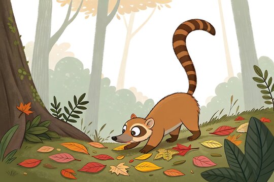 Curious striped raccoon exploring autumn forest floor