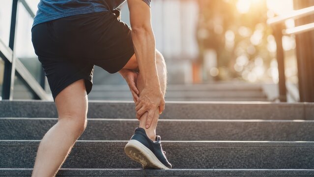 Runner climbing stairs holding painful calf muscle cramp during outdoor cardio workout