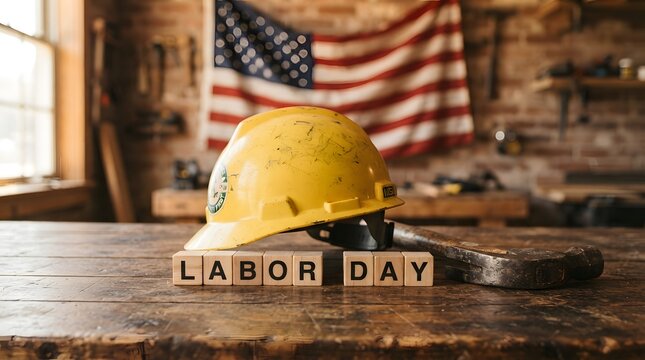 Labor day celebration concept with a yellow hard hat, a hammer, and wooden blocks spelling out labor day on a rustic wooden workbench with an american flag