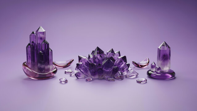 Vibrant purple amethyst crystal clusters and small gemstone fragments on a purple background