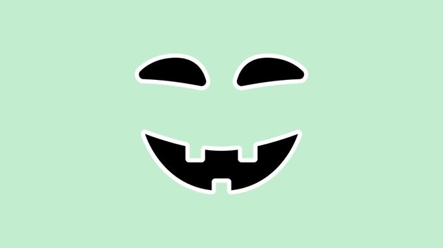 Playful expression sticker animation with a black eyes and crooked toothy smile on light on a transparent background. Happy playful face. Seamless animated icon. 4K video overlay isolated element.