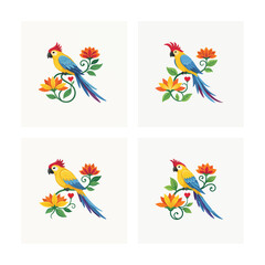 Fototapeta premium Vibrant tropical parrots perched amongst colorful blooming flowers showcasing exotic nature and beautiful avian artistry