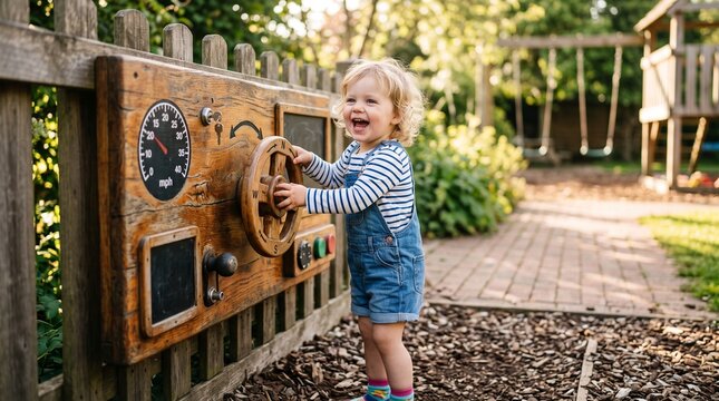 toddler standing at a wooden play panel with a turning steering wheel, pretending to drive a car, wide smile