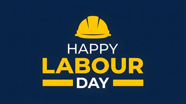 Happy labour day greeting card with a yellow construction hard hat icon on a solid dark blue background