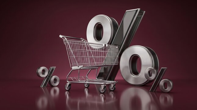 Shopping Cart with Percentage Signs Representing Sale and Discount Concept